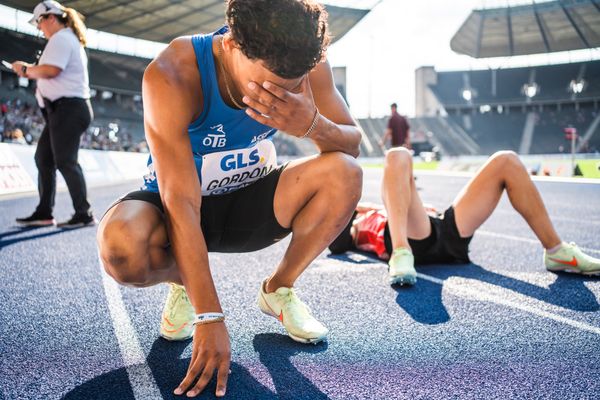 Jordan Gordon (OTB Osnabrueck) gewinnt Silber ueber 400m Huerden waehrend der deutschen Leichtathletik-Meisterschaften im Olympiastadion am 26.06.2022 in Berlin